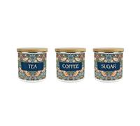 Blue Strawberry Thief Tea, Coffee & Sugar Storage Canisters Set - Morris Inspired Tapestry Artwork Gifts - Metal Enamel 600ml Kitchen Food/Drinks Containers Pack of 3
