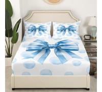 Blue Stripe Bow Fitted Sheet King Size Geometric Wave Point Bedding Set Candy Bowknot Sheet Set,Sweet Princess Bed Cover Ultra Soft Breathable Bedding 3 Pcs for Kids Teens Boys