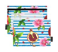 Blue Stripe Pomegranate Floral Fruits 3 Ring Binder Pencil Pouch Zipper Binder Pencil Bags Cute School Binders Clear Pockets Kids 9.8" x 7.1", 2 Packs