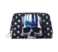Blue Stripe Stars Skull Print Leather Cosmetic Pouch, Leather Makeup Bag for Purse with Top Zip Closure Stylish Toiletry Bag