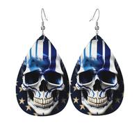Blue Stripe Stars Skull Printed Water Drop Earrings, Lightweight Leather Teardrop Dangle for Date and Party
