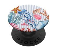 Blue Stripes Summer Sea Shells Coral Starfish Coastal Beach PopSockets Adhesive PopGrip