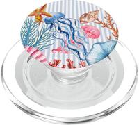 Blue Stripes Summer Sea Shells Coral Starfish Coastal Beach PopSockets PopGrip for MagSafe