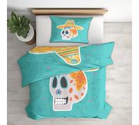 Blue Sugar Skull King Size Duvet Cover Sets - Kids Mexican Day of the Dead Bedding & Bedroom Decor, Super Soft Microfiber Quilt Cover and 2 Pillowcases, with Zip, Reversible Design (P68-Z)