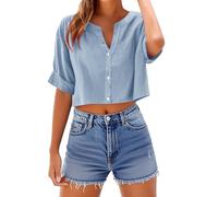 Blue Summer Tops for Women UK Basic Crop Tops Button Up Shirts Linen Cotton V Neck T Shirt Short Sleeve Blouses Oversized Baggy T Shirts Loose Casual Blouses for Sports Work Beach Travel