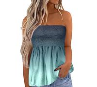 Blue Summer Tops for Women UK Strapless Bandeau Tops Boho Vest Casual Blouses Tube Top Y2K Tunic Shirt Sleeveless Tank Top Oversized T Shirts Ruched Vest for Holiday Beach Work