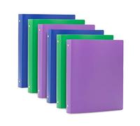 Blue Summit Supplies 3 Ring Plastic Binders, 1 Inch Light Flexible Plastic 3 Ring Binders, with Soft Cover and Pocket, Colored Blue, Green, and Purple Bendable Binders, Assorted Colors, 6-Pack