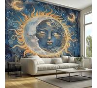 Blue Sun and Moon Wallpaper - Boho Celestial Wall Paper, Sun and Moon Home Decor, Non-Woven Waterproof Print Wallpapers for Bedroom Living Room, Feature Walls Mural 300x210 cm - RvX159
