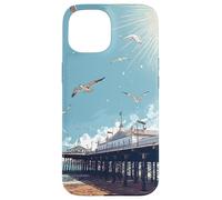Blue Sunny Skies Scene Seagulls Over Pier Landscape Case for iPhone 15
