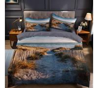 Blue Super King Size Duvet Cover Set 260x220 cm Beach path by the sea 3 Pcs Microfibre Bedding Set with Quilt Cover and 2 Pillowcases, Fade and Wrinkle Resistant Bedroom Decor