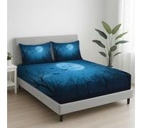 Blue Supersoft Fitted Sheet - Easy Care with Elasticated Corners - Cosy & Comfortable Delicate Touch Cartoon Moon Bat Dead Tree Fitted Sheet 135 x 190 cm x 30 cm - Fade Resistant