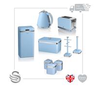 (Blue) Swan Retro 9pce Kitchen Set- 45L Electric Bin, 1.5L Cordless Kettle, 2 Slice Toaster Crumb Tray, Bread Bin, Mug Tree, Towel Pole & 3 Storage Canisters