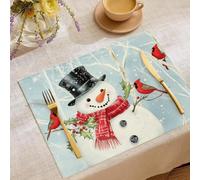 Blue Table Place Mats Set of 8, Heat Resistant Washable and No-Slip Cotton and Linen Winter Tree Branches Watercolor Snowman Cardinal Placemats for Table, Festival Party Mat, 30 * 45cm