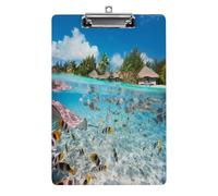 Blue Tahiti Beautiful Tropical Island in French Polynesia Under and Above Water Acrylic Clipboard Letter Size Metal Clip Sturdy Writing Board Hard Plastic Document Holder for Office Home Workplace
