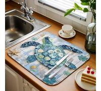 Blue Teal Coastal Dish Drying Mats for Kitchen Counter, Summer Beach Starfish Sea Turtle Dish Mat Absorbent Microfiber Dish Drainer Mat Rack Reversible Drying Pad Coffee Pads 1pcs 18"x24"