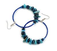 Blue/Teal Glass Shell Wood Bead Hoop Earrings In Silver Tone/Large/75mm Long
