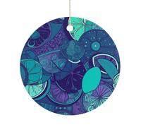 Blue Teal Lemon Double-Sided Ceramic Christmas Ornaments - Round Hanging Mini Xmas Tree Decorations, Ideas for Farmers, Rustic Home Decor for Indoor Outdoor Tree Decor