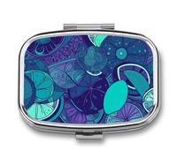 Blue Teal Lemon Pill Box - 2 Compartment Travel Pill Organizer with Small Mirror, Portable Pillcase for Pocket & Purse, Cute Square Medicine Case, Weekly Medicine Container