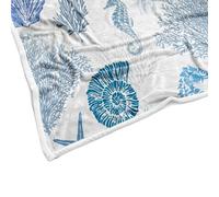 Blue Teal Nautical Coastal Coral Throw Blanket Flannel, Starfish Seashell Soft Plush Cozy Blankets, Summer Beach Ocean Modern Women Gifts Blankets Throws for Home Couch Sofa Chair Travel 50X60in