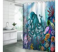 Blue Teal Octopus Shower Curtain Vintage Sea Kraken Nautical Underwater Ocean Animal Colorful Coral Reefs Tropical Fish Summer Bathroom Fabric Decor Curtain with Hooks