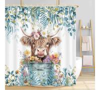 Blue Teal Shower Curtain, Boho Plant Eucalyptus Leaves Floral Funny Highland Cow Bath Curtain, Farmhouse Animals Bathroom Accessories Botanical Lavender Bathroom Curtain Set with Hooks, 72X72in