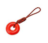 Blue Textured Ring Dog Toy with Raised Teeth and Rope Loop | A circular blue ring has closely spaced raised teeth around its edge and a short wrapped rope loop attached at the top