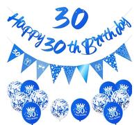 Blue-Themed 30th Birthday Decoration Kit with "Happy 30th Birthday" Banner, Bunting Flags & Confetti Balloons - Complete Adult Milestone Celebration Set for Home, Garden or Event Venue Party