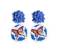Blue Three-Dimensional Flower Earrings Blue Flower Butterfly Dangle Earrings - Colorful Printed Floral Statement Earrings for Women Suitable for Parties Work and Daily Life