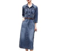 Blue Three Quarter Denim Dress Chic Women's Sense of Belt Shirttemperament Dress Blue XL