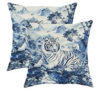 Blue Tiger Pillow Covers Set of 2, Elegant Blue and White Tiger Print Throw Pillow Cases, Seasonal Decorative Cushion Covers for Home Sofa Bed Couch, Stylish Wildlife Decor 18x18 Inch