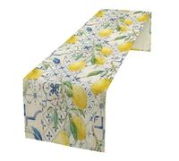 Blue Tile Lemon Table Runner, Italian Navy Blue Burlap Watercolor Flower Lemon Olive Summer Fruit Dinner Table Runners Farmhouse Coffee Table Home Kitchen Dresser Decor for Party Holiday 13"x90"