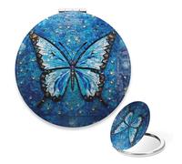 Blue Tiles Butterfly Compact Mirror, 1x/2x Round Vanity Mirror, Must Haves Pu Leather Portable Compact Mirrors, Mini Handbag Essentials Small Mirrors, Gadgets for Women, Travel Gifts for Women