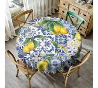 Blue Tiles Lemon Tablecloth, Autumn Fruit Traditional Floral Pattern Table Cover for Party Picnic Dinner Decor, Round(70x70in)