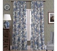 Blue Toile Window Curtains Drapes for Living Room 84 Inch Length 2 Panels Set Long Sheer Cotton Textured French Country Floral Vintage Victorian Semi Blackout Farmhouse Darkening Curtain for Bedroom