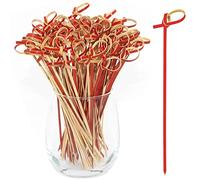 BLUE TOP Bamboo Cocktail Picks 200 PCS Red Bamboo Skewers 4 Inch with Looped Knot, Food Picks,Party Toothpicks for Appetizers,Cocktail Drinks,Barbecue Snacks,Club Sandwiches.