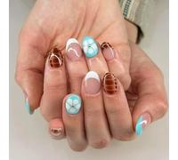 Blue Tortoise Bloom Press On Nails - 24PCS Short Oval Glossy Fake Nails - French Tip Floral and Tortoiseshell Design Stick On Nails for Women for Daily Wear or Parties