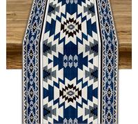 Blue Tribal Table Runner, Navajo Native American Navy Blue White Aztec Ethnic Geometric Print Table Runner for Spring Holiday Decor, 13x70inch