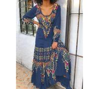 (blue, Triple Extra Large) "Elegant Floral Print Long-Sleeve U-Neck Dress for Spring & Autumn"