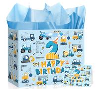 Blue Truck 2nd Birthday Gift Bag Large Blue Construction Happy 2nd Birthday Gift Bag with Card Wrapping Paper 2 Year Old Bday Decorations for Boys Newborn Kids Two Year Old Baby Shower Party Supplies