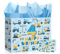 Blue Truck 4th Birthday Gift Bag Construction Happy 4th Birthday Gift Bag Large with Card Tissue Paper 4 Year Old Bday Decorations Goodie Candy Bag for Boys Kids Four Year Old Truck Party Supplies