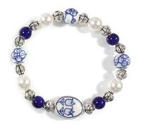 "Blue Tulip", Blue and White Ceramic Bead Stretch Bracelet, Various Sizes L Blue