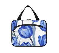Blue Tulipa White Background Oil Painting Style Hanging Travel Toiletry Bags with Hook, Designer Necessities case for toiletries for Adults Work bolsas de maquillaje para Mujer L