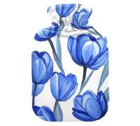 Blue Tulipa White Background Oil Painting Style hot-Water Bottle with Soft Cover, 2L Water Bag for Neck and Shoulder Pain Relief, Neck Shoulder Warmer, bolsas para agua Caliente