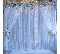 Blue Tulle Backdrop Curtains with Lights String for Parites Baby Shower 20×8ft Blue Sheer Backdrop Curtains Drapes for Bridal Shower Birthday Party Photo Shoot Background Decorations(4 Panels 5×8ft)