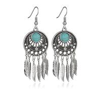Blue Turquoise Dream Catcher Feather Earrings for Women Vintage Bohemian Western Jewelry Native American Indian Dream Catcher Feather Dangle Earrings (6 feathers Silver)