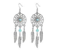 Blue Turquoise Dream Catcher Feather Earrings for Women Vintage Bohemian Western Jewelry Native American Indian Dream Catcher Feather Dangle Earrings (Silver)