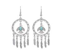 Blue Turquoise Dreamcatcher Feather Women's Earrings Girls Vintage Bohemian Western Jewellery Feather Shape Vintage Jewellery Gift (Bird Silver)