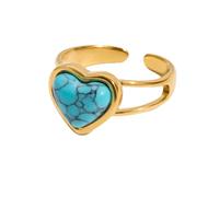 Blue Turquoise Heart Ring Natural Gemstone Love Hearts Open Adjustable Statement Promise Wedding Engagement Finger Band Boho Western Holiday Jewelry 18K Golden Plated Stainless Steel Rings for Women