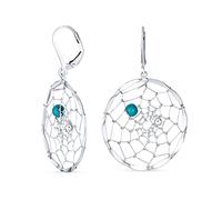 Blue Turquoise Lever back Western Native American Indian Large Round Dream Catcher Earrings For Women Teen .925 Sterling Silver