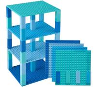 Blue, Turquoise, Robin's Egg, and Sky Blue Stackable Base Plates - 4 Pack 15cm X 15cm Baseplate Tower Bundle with 34 5cmx5cm Stackers- Compatible with LEGO Blocks, Compatible with LEGO Base Plates